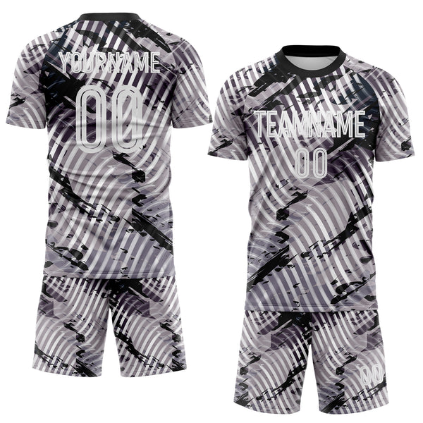 Custom Gray White-Black Abstract Swirl Wave Grunge Splatter Sublimation Soccer Uniform Jersey