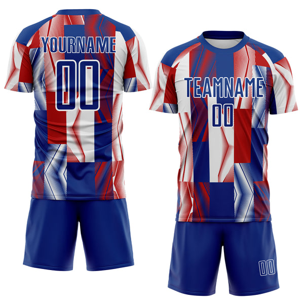 Custom Royal White-Red USA Style Patriotic Geometric Lines Sublimation Soccer Uniform Jersey