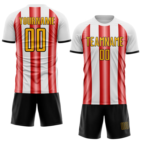 Custom White Gold Red-Black Gradient Vertical Stripe Argentina Style Sublimation Soccer Uniform Jersey