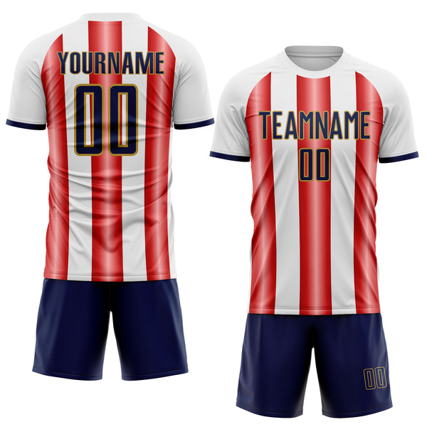 Custom White Navy Red-Old Gold Gradient Vertical Stripe Argentina Style Sublimation Soccer Uniform Jersey
