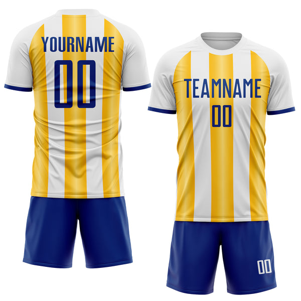 Custom White Royal-Gold Gradient Vertical Stripe Argentina Style Sublimation Soccer Uniform Jersey
