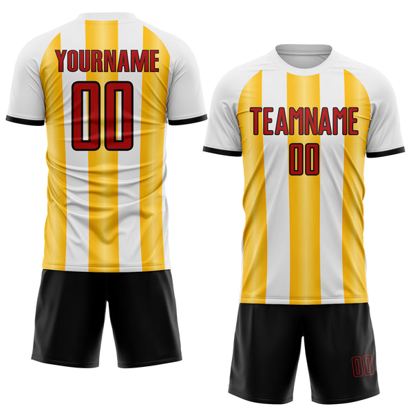 Custom White Red Gold-Black Gradient Vertical Stripe Argentina Style Sublimation Soccer Uniform Jersey