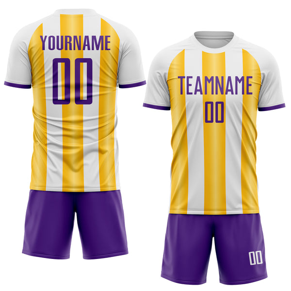 Custom White Purple-Gold Gradient Vertical Stripe Argentina Style Sublimation Soccer Uniform Jersey