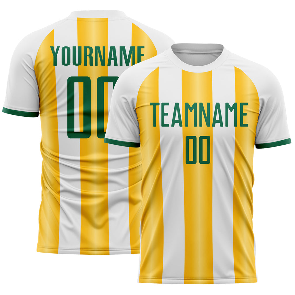 Custom White Kelly Green-Gold Gradient Vertical Stripe Argentina Style Sublimation Soccer Uniform Jersey