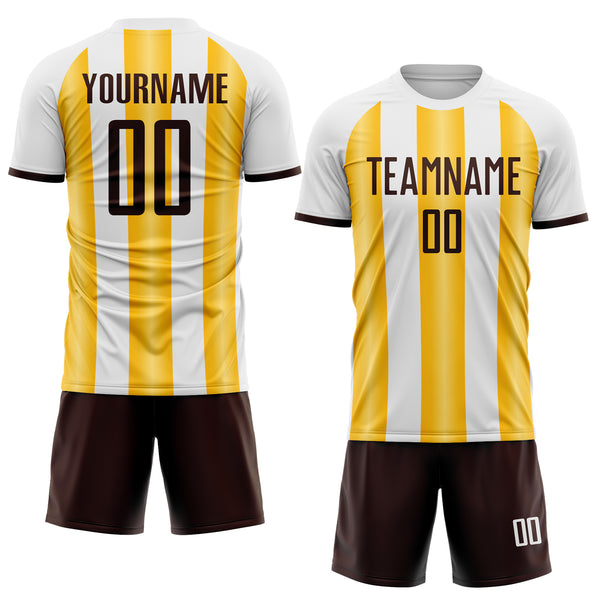 Custom White Brown-Gold Gradient Vertical Stripe Argentina Style Sublimation Soccer Uniform Jersey