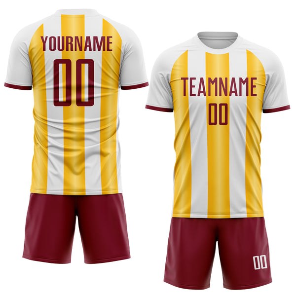 Custom White Crimson-Gold Gradient Vertical Stripe Argentina Style Sublimation Soccer Uniform Jersey