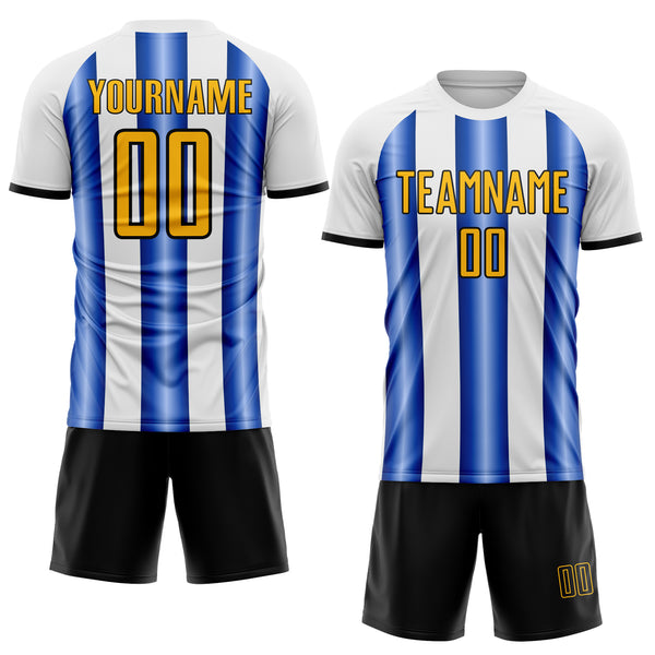 Custom White Gold Royal-Black Gradient Vertical Stripe Argentina Style Sublimation Soccer Uniform Jersey