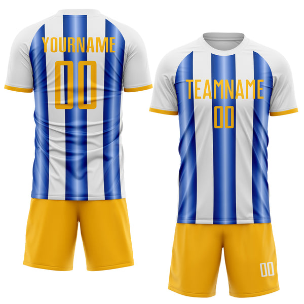 Custom White Gold-Royal Gradient Vertical Stripe Argentina Style Sublimation Soccer Uniform Jersey