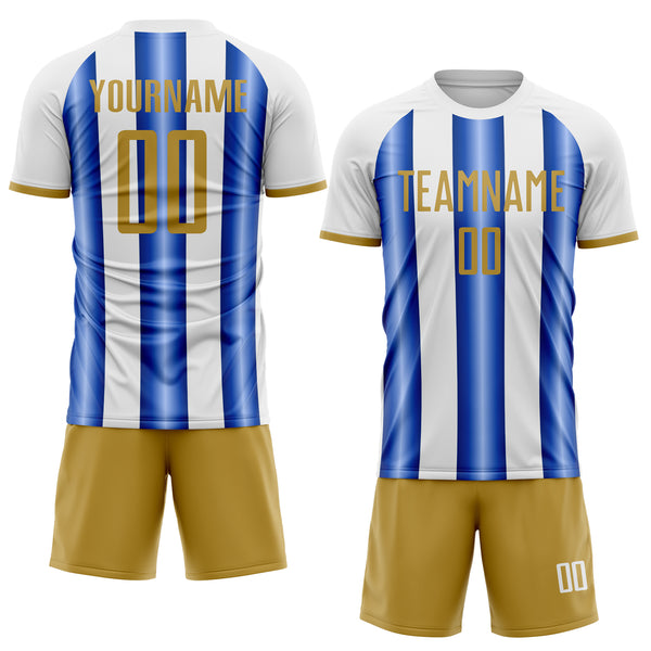 Custom White Old Gold-Royal Gradient Vertical Stripe Argentina Style Sublimation Soccer Uniform Jersey