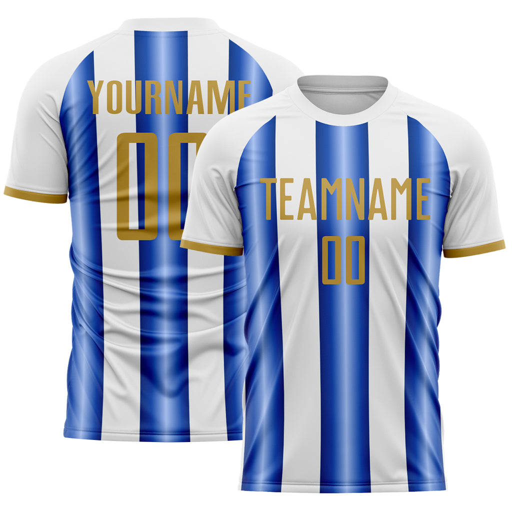Custom White Old Gold-Royal Gradient Vertical Stripe Argentina Style Sublimation Soccer Uniform Jersey