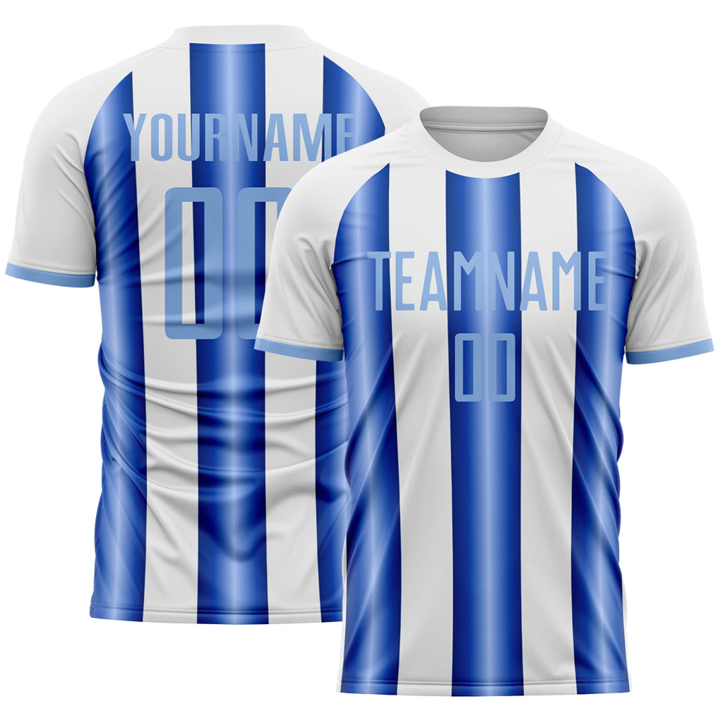 Custom White Light Blue-Royal Gradient Vertical Stripe Argentina Style Sublimation Soccer Uniform Jersey