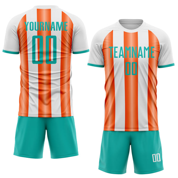 Custom White Aqua-Orange Gradient Vertical Stripe Argentina Style Sublimation Soccer Uniform Jersey