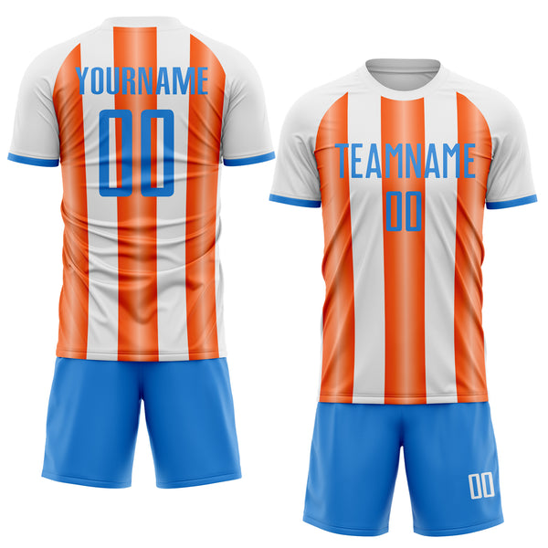 Custom White Powder Blue-Orange Gradient Vertical Stripe Argentina Style Sublimation Soccer Uniform Jersey