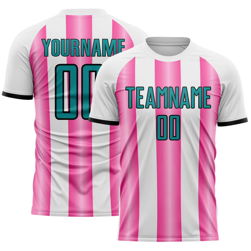 Custom White Teal Pink-Black Gradient Vertical Stripe Argentina Style Sublimation Soccer Uniform Jersey