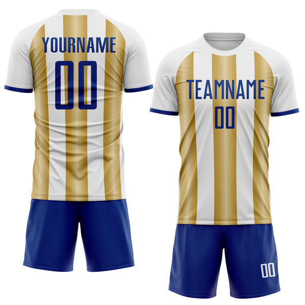 Custom White Royal-Old Gold Gradient Vertical Stripe Argentina Style Sublimation Soccer Uniform Jersey