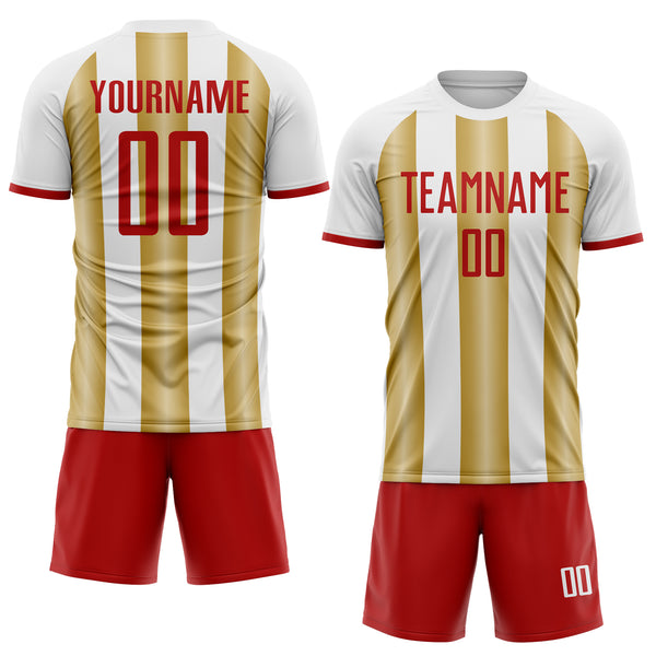 Custom White Red-Old Gold Gradient Vertical Stripe Argentina Style Sublimation Soccer Uniform Jersey