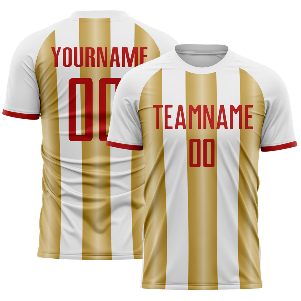 Custom White Red-Old Gold Gradient Vertical Stripe Argentina Style Sublimation Soccer Uniform Jersey