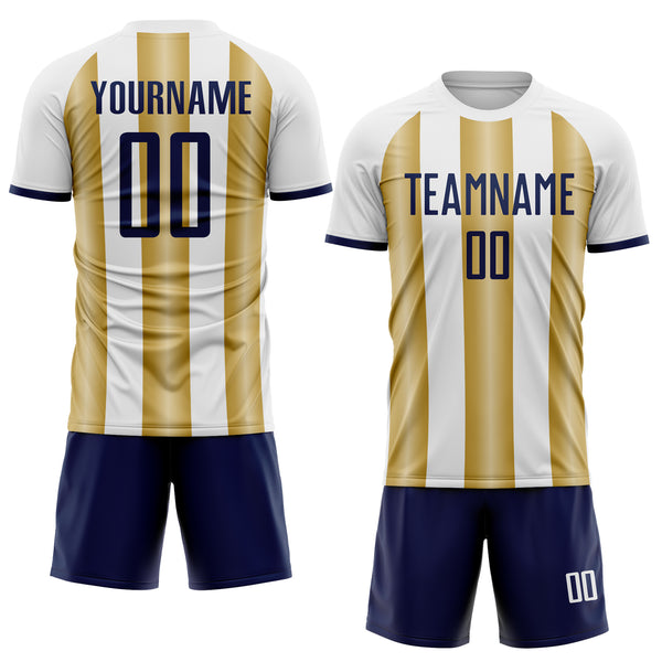 Custom White Navy-Old Gold Gradient Vertical Stripe Argentina Style Sublimation Soccer Uniform Jersey