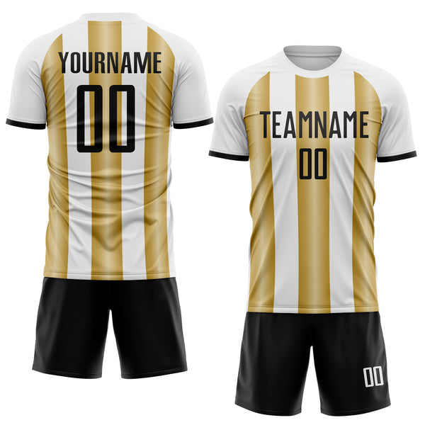 Custom White Black-Old Gold Gradient Vertical Stripe Argentina Style Sublimation Soccer Uniform Jersey