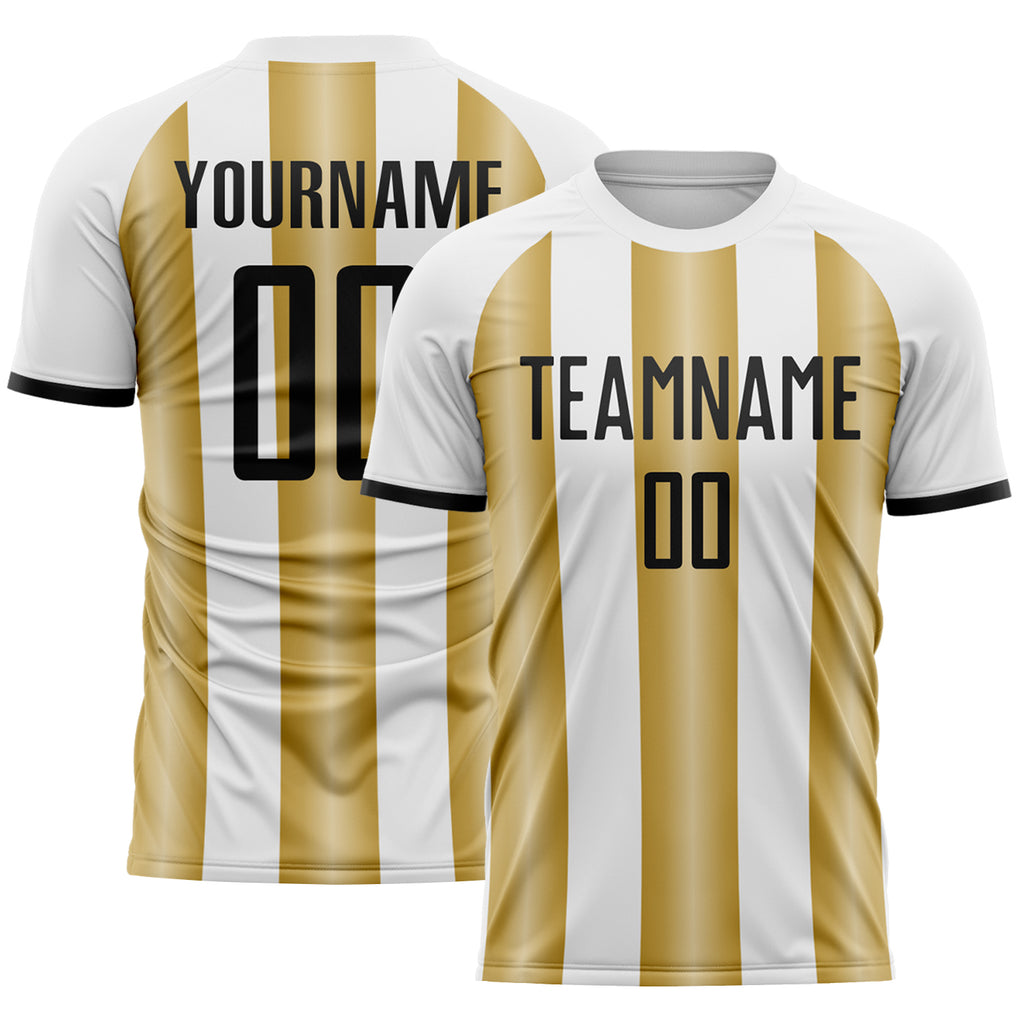 Custom White Black-Old Gold Gradient Vertical Stripe Argentina Style Sublimation Soccer Uniform Jersey