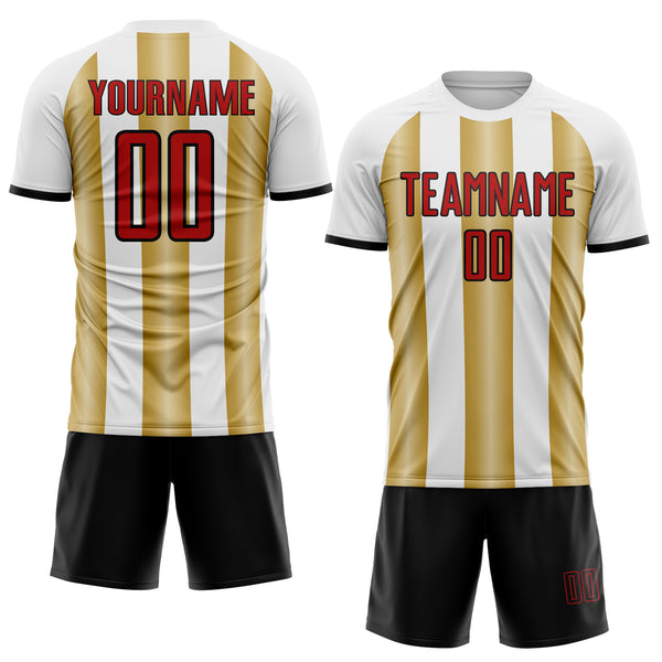 Custom White Red Old Gold-Black Gradient Vertical Stripe Argentina Style Sublimation Soccer Uniform Jersey