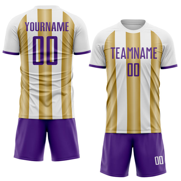 Custom White Purple-Old Gold Gradient Vertical Stripe Argentina Style Sublimation Soccer Uniform Jersey