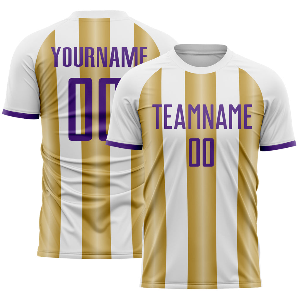 Custom White Purple-Old Gold Gradient Vertical Stripe Argentina Style Sublimation Soccer Uniform Jersey