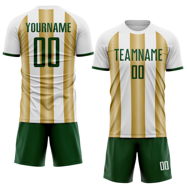 Custom White Green-Old Gold Gradient Vertical Stripe Argentina Style Sublimation Soccer Uniform Jersey