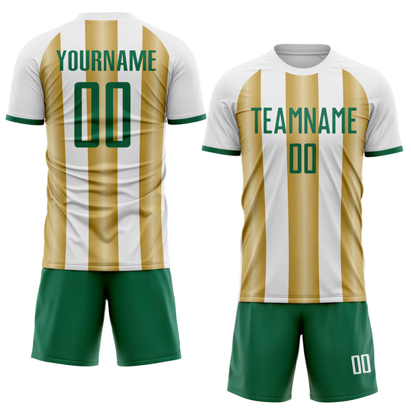 Custom White Kelly Green-Old Gold Gradient Vertical Stripe Argentina Style Sublimation Soccer Uniform Jersey
