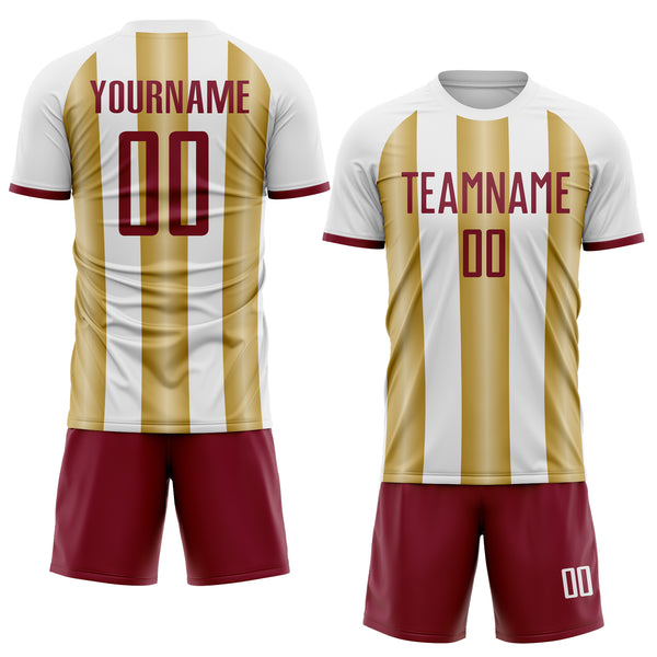 Custom White Crimson-Old Gold Gradient Vertical Stripe Argentina Style Sublimation Soccer Uniform Jersey