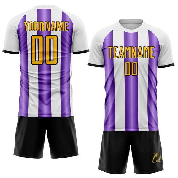 Custom White Gold Purple-Black Gradient Vertical Stripe Argentina Style Sublimation Soccer Uniform Jersey