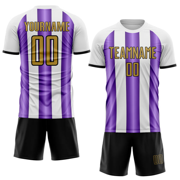 Custom White Old Gold Purple-Black Gradient Vertical Stripe Argentina Style Sublimation Soccer Uniform Jersey