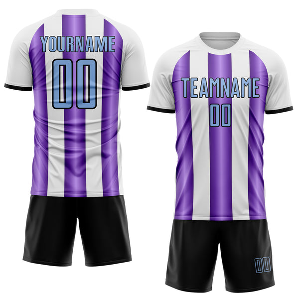 Custom White Light Blue Purple-Black Gradient Vertical Stripe Argentina Style Sublimation Soccer Uniform Jersey