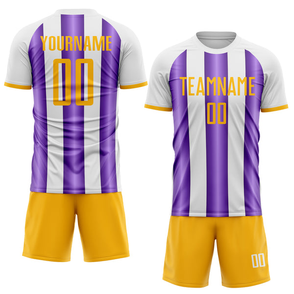 Custom White Gold-Purple Gradient Vertical Stripe Argentina Style Sublimation Soccer Uniform Jersey
