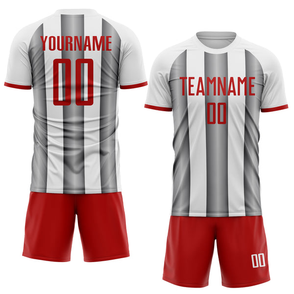 Custom White Red-Steel Gray Gradient Vertical Stripe Argentina Style Sublimation Soccer Uniform Jersey