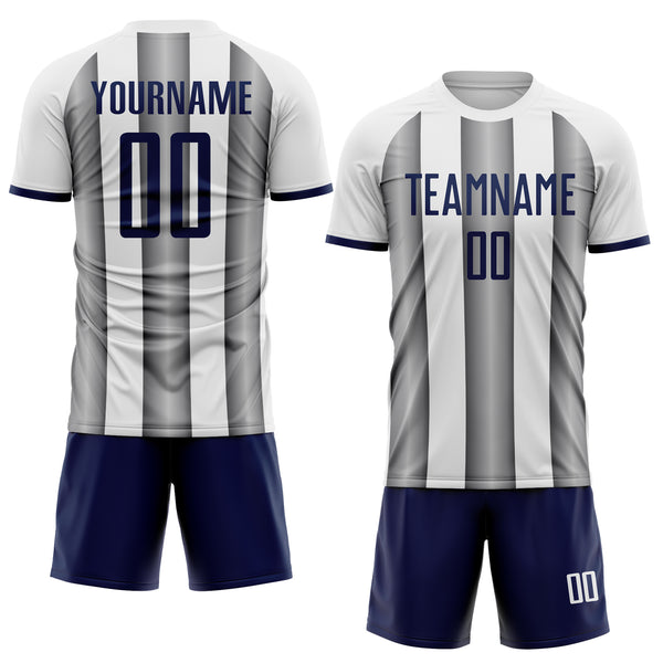 Custom White Navy-Steel Gray Gradient Vertical Stripe Argentina Style Sublimation Soccer Uniform Jersey
