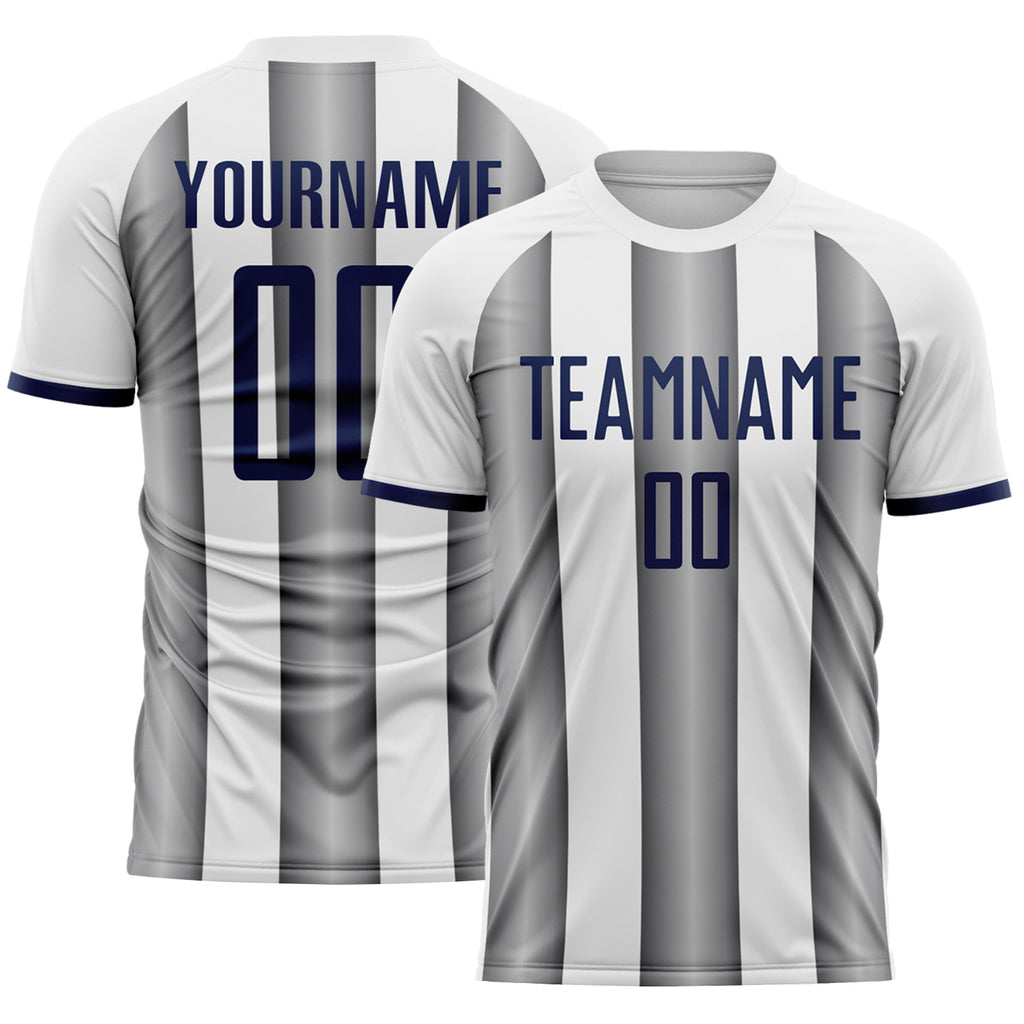 Custom White Navy-Steel Gray Gradient Vertical Stripe Argentina Style Sublimation Soccer Uniform Jersey