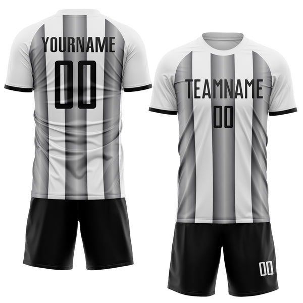 Custom White Black-Steel Gray Gradient Vertical Stripe Argentina Style Sublimation Soccer Uniform Jersey