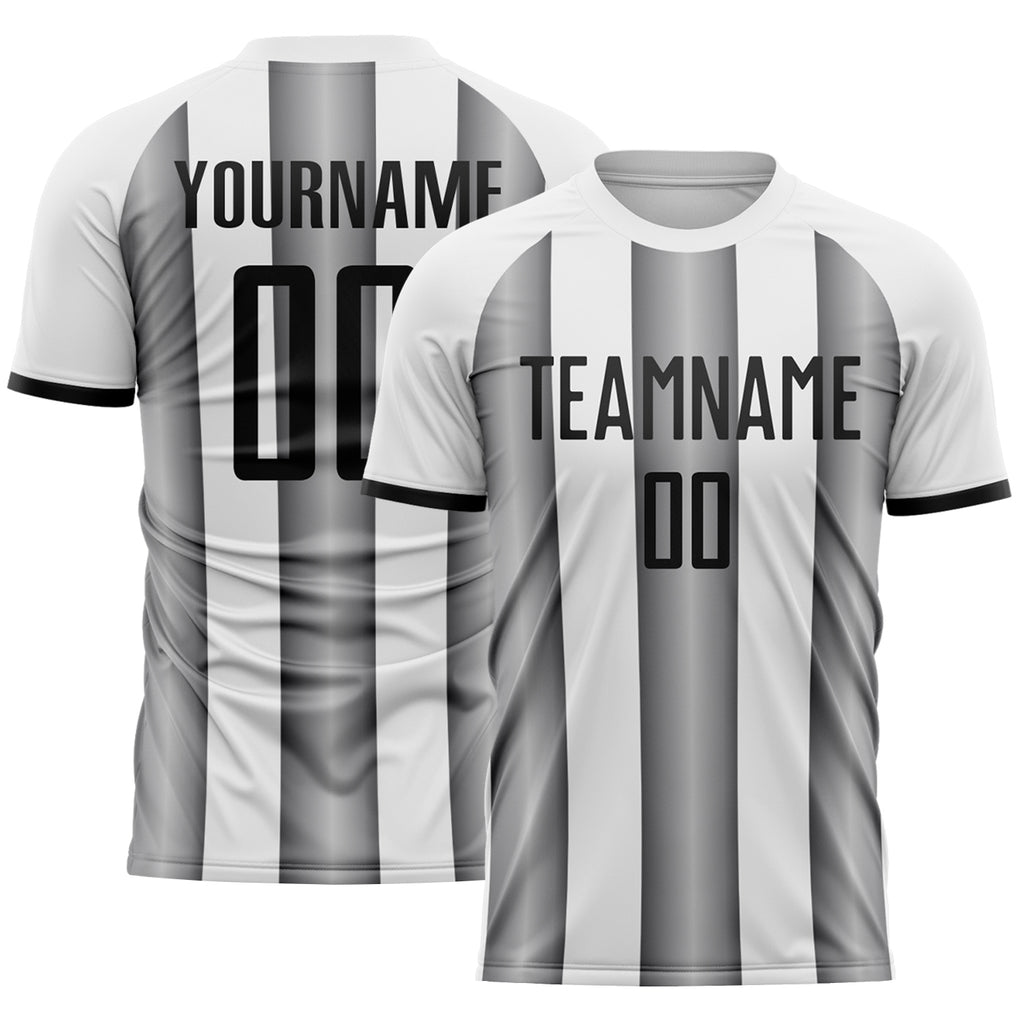 Custom White Black-Steel Gray Gradient Vertical Stripe Argentina Style Sublimation Soccer Uniform Jersey