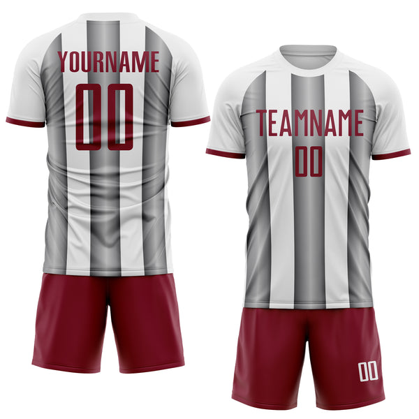 Custom White Crimson-Steel Gray Gradient Vertical Stripe Argentina Style Sublimation Soccer Uniform Jersey