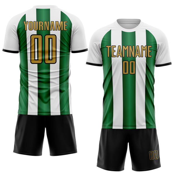 Custom White Old Gold Green-Black Gradient Vertical Stripe Argentina Style Sublimation Soccer Uniform Jersey