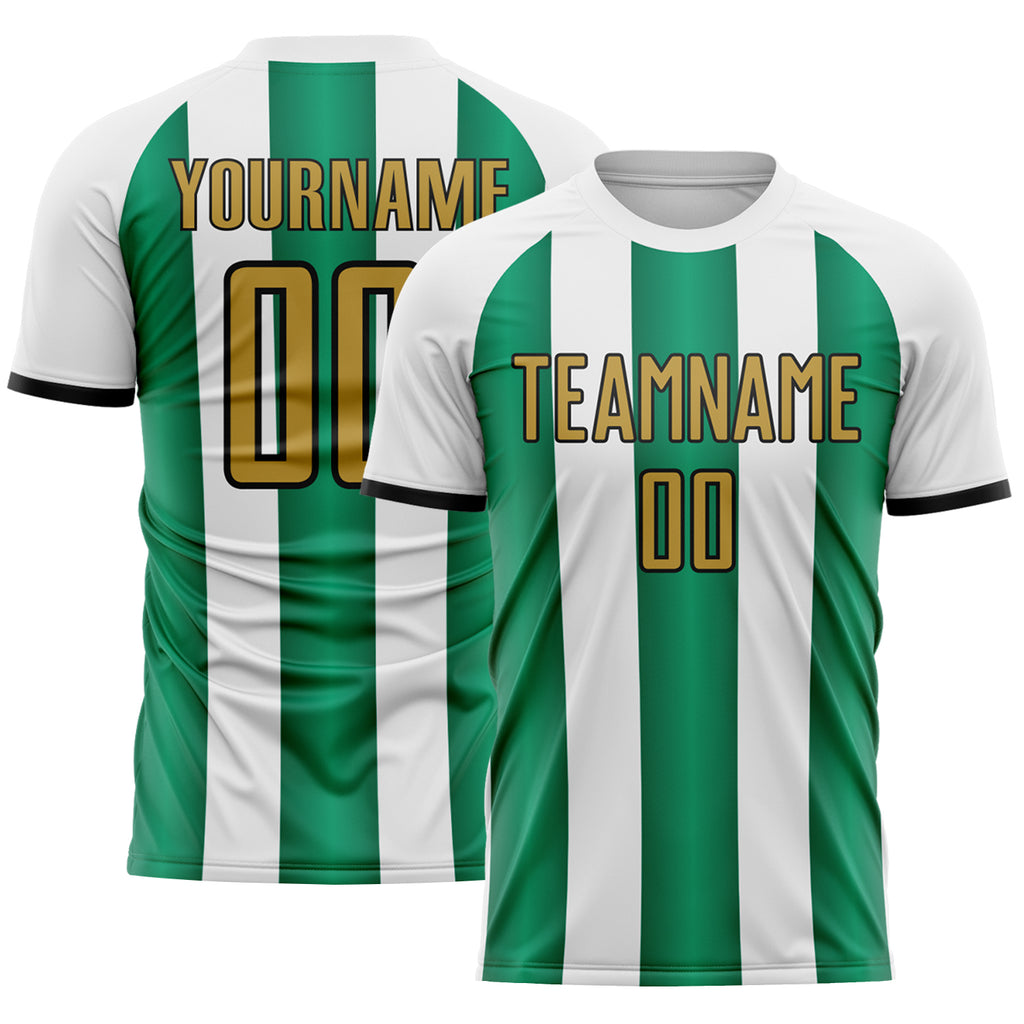 Custom White Old Gold Kelly Green-Black Gradient Vertical Stripe Argentina Style Sublimation Soccer Uniform Jersey