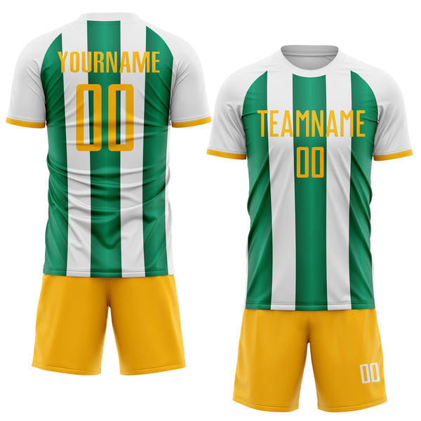 Custom White Gold-Kelly Green Gradient Vertical Stripe Argentina Style Sublimation Soccer Uniform Jersey