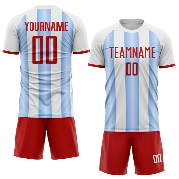 Custom White Red-Light Blue Gradient Vertical Stripe Argentina Style Sublimation Soccer Uniform Jersey