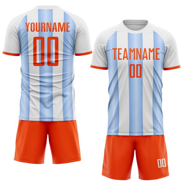 Custom White Orange-Light Blue Gradient Vertical Stripe Argentina Style Sublimation Soccer Uniform Jersey