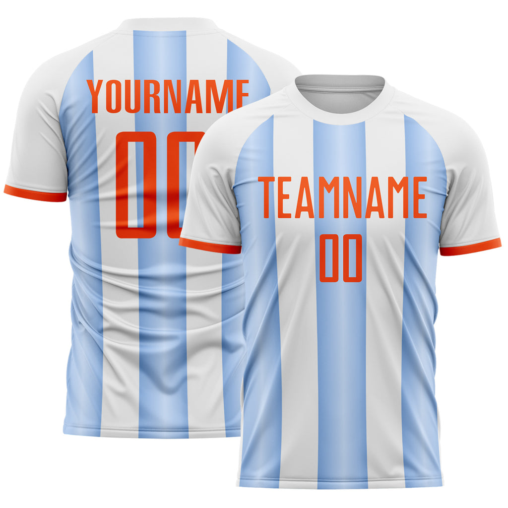 Custom White Orange-Light Blue Gradient Vertical Stripe Argentina Style Sublimation Soccer Uniform Jersey