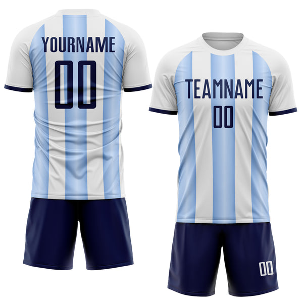 Custom White Navy-Light Blue Gradient Vertical Stripe Argentina Style Sublimation Soccer Uniform Jersey
