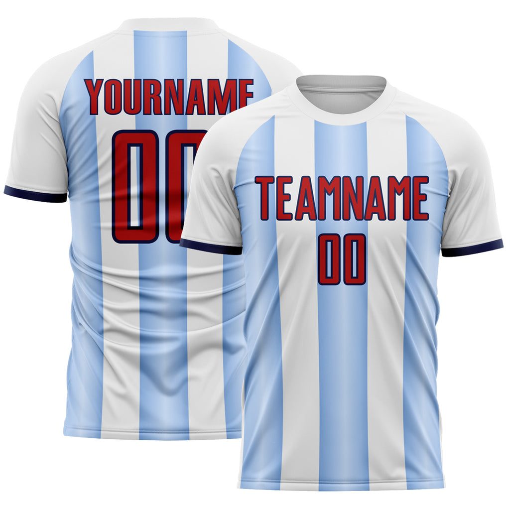 Custom White Red Light Blue-Navy Gradient Vertical Stripe Argentina Style Sublimation Soccer Uniform Jersey