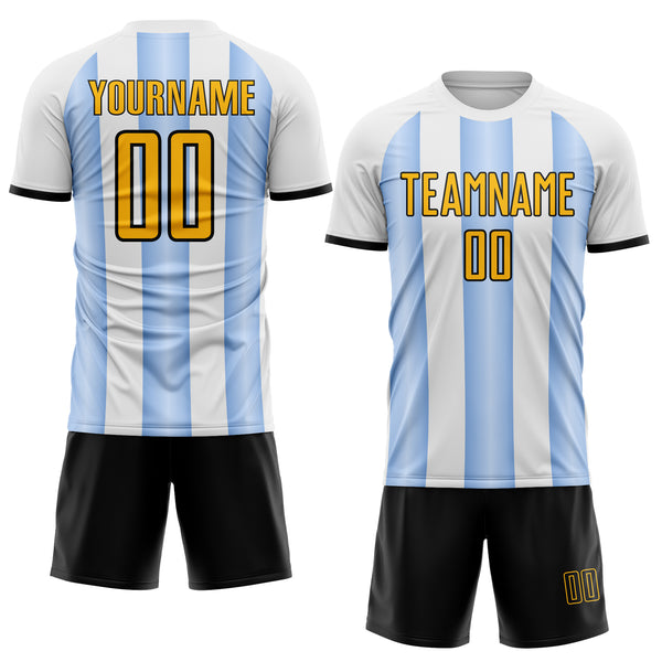 Custom White Gold Light Blue-Black Gradient Vertical Stripe Argentina Style Sublimation Soccer Uniform Jersey