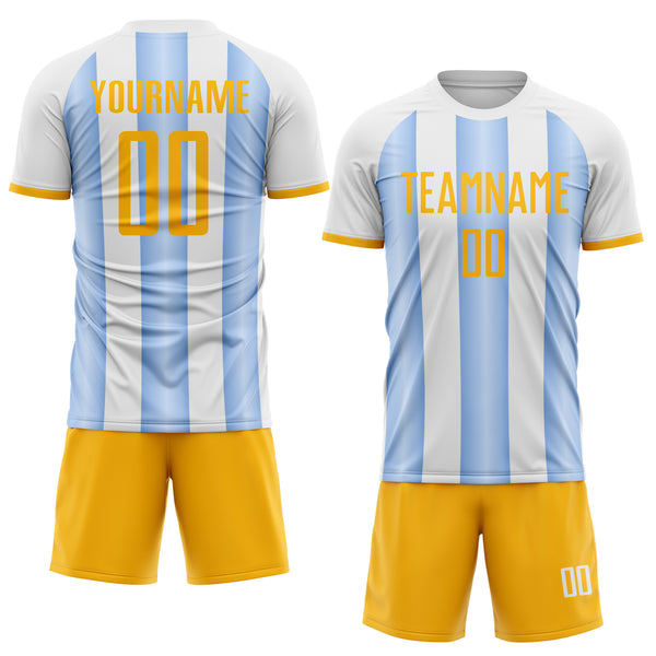 Custom White Gold-Light Blue Gradient Vertical Stripe Argentina Style Sublimation Soccer Uniform Jersey
